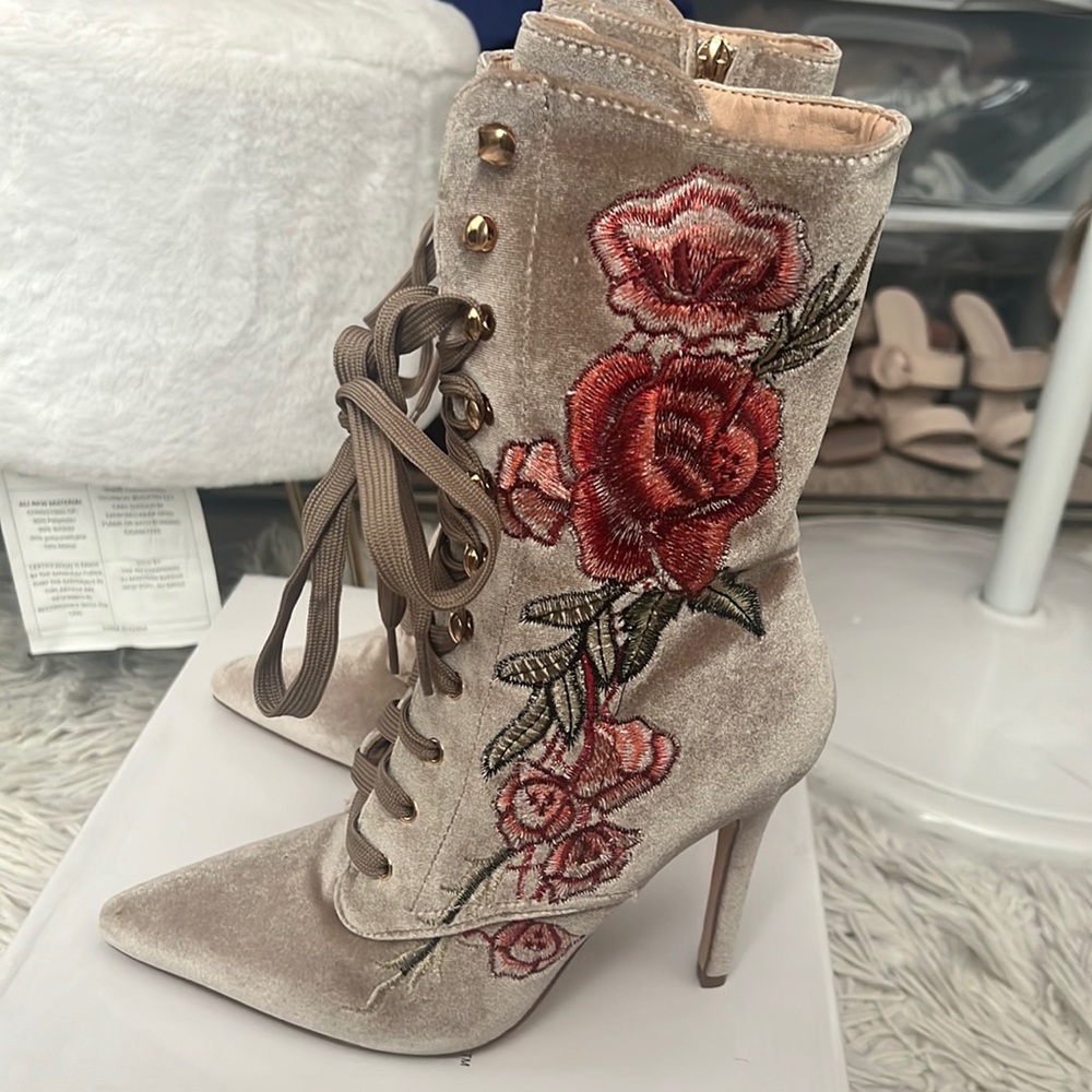 Laced up rose velvet high heel boots. Size 5.5 . Still brand new with box.
